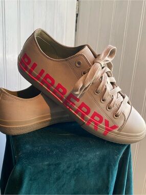 Burberry Gabardine Tan Canvas Low Sneakers with Icon Stripe Red Logo